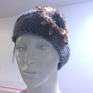 BRAND NEW Feather with Beads Knit Grey Headband